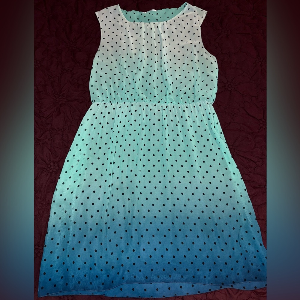 Maurices Teal Ombré Dress With Black Polka Dots